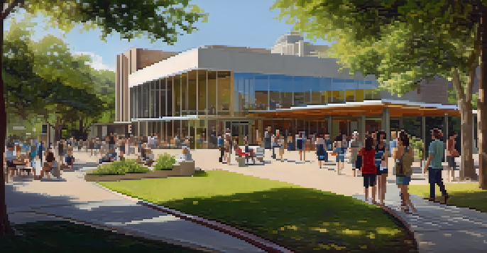 An image of the Austin History Center featuring its modern architecture surrounded by greenery and people discussing outside.