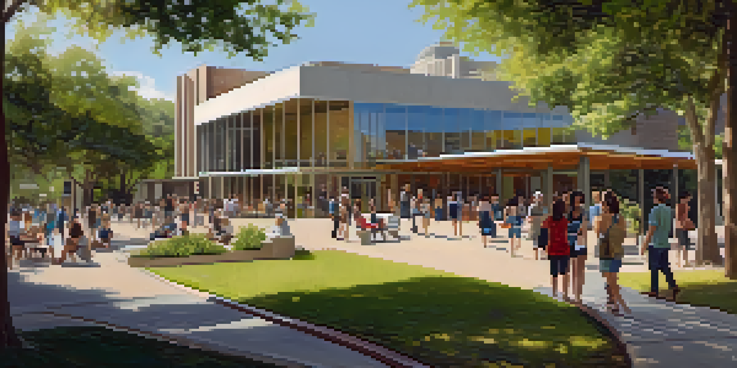 An image of the Austin History Center featuring its modern architecture surrounded by greenery and people discussing outside.