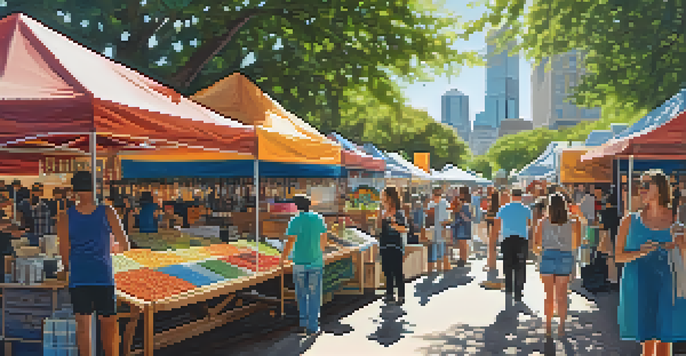 A lively artisan market in Austin with colorful stalls, local musicians, and food trucks, surrounded by trees and sunlight.
