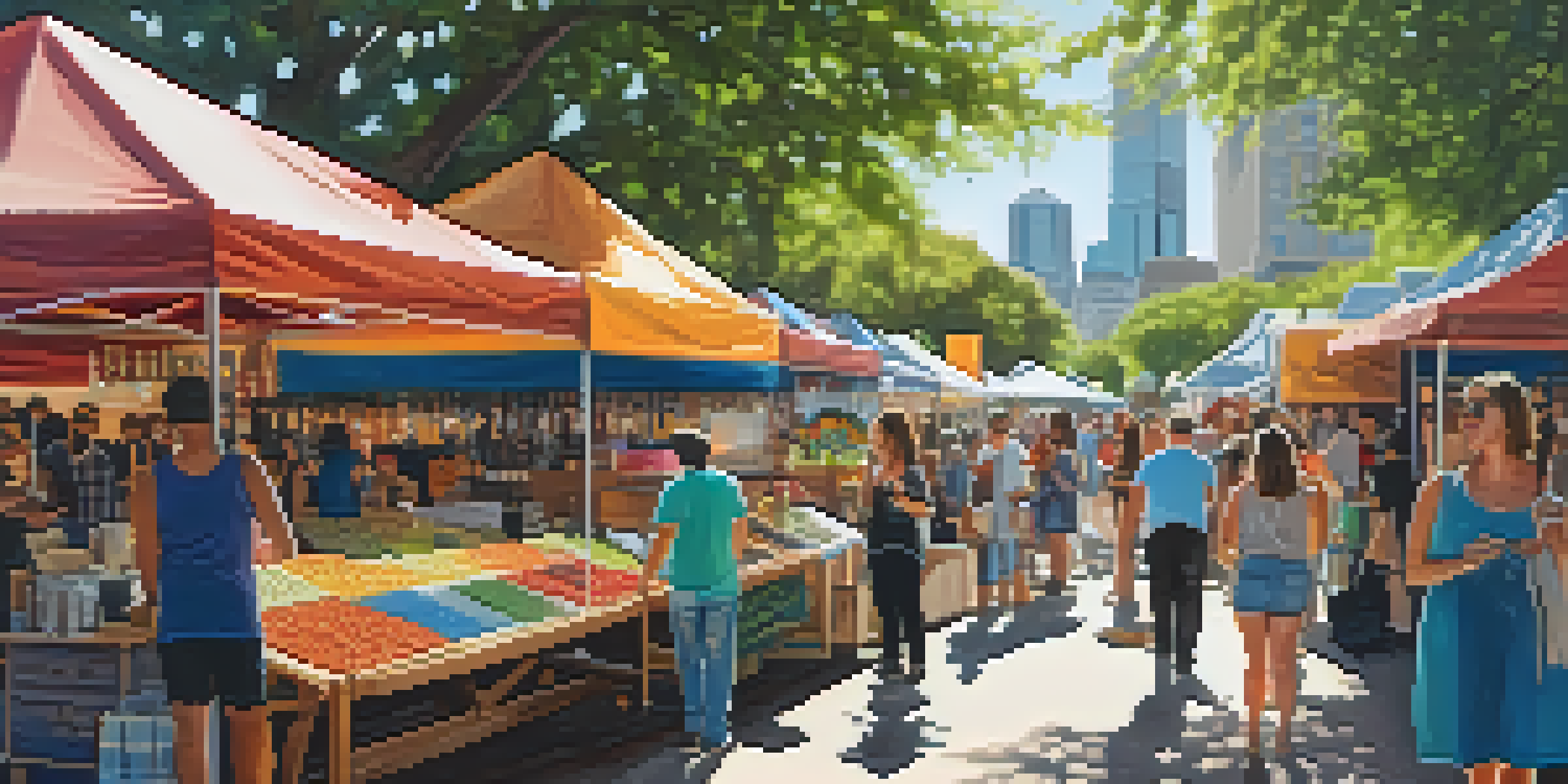 A lively artisan market in Austin with colorful stalls, local musicians, and food trucks, surrounded by trees and sunlight.