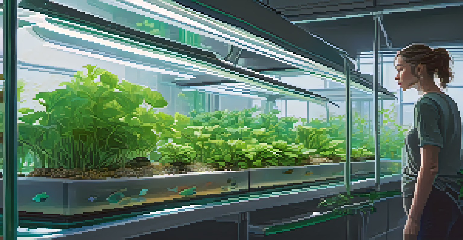 An aquaponics system in an urban farm, showing fish tanks and thriving plants.