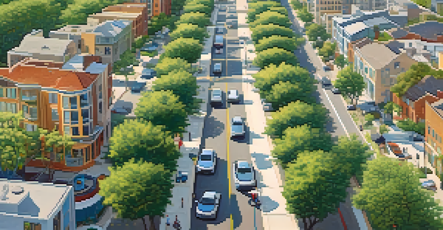An aerial view of an Austin neighborhood with electric bikes and scooters, surrounded by green spaces and modern buildings.