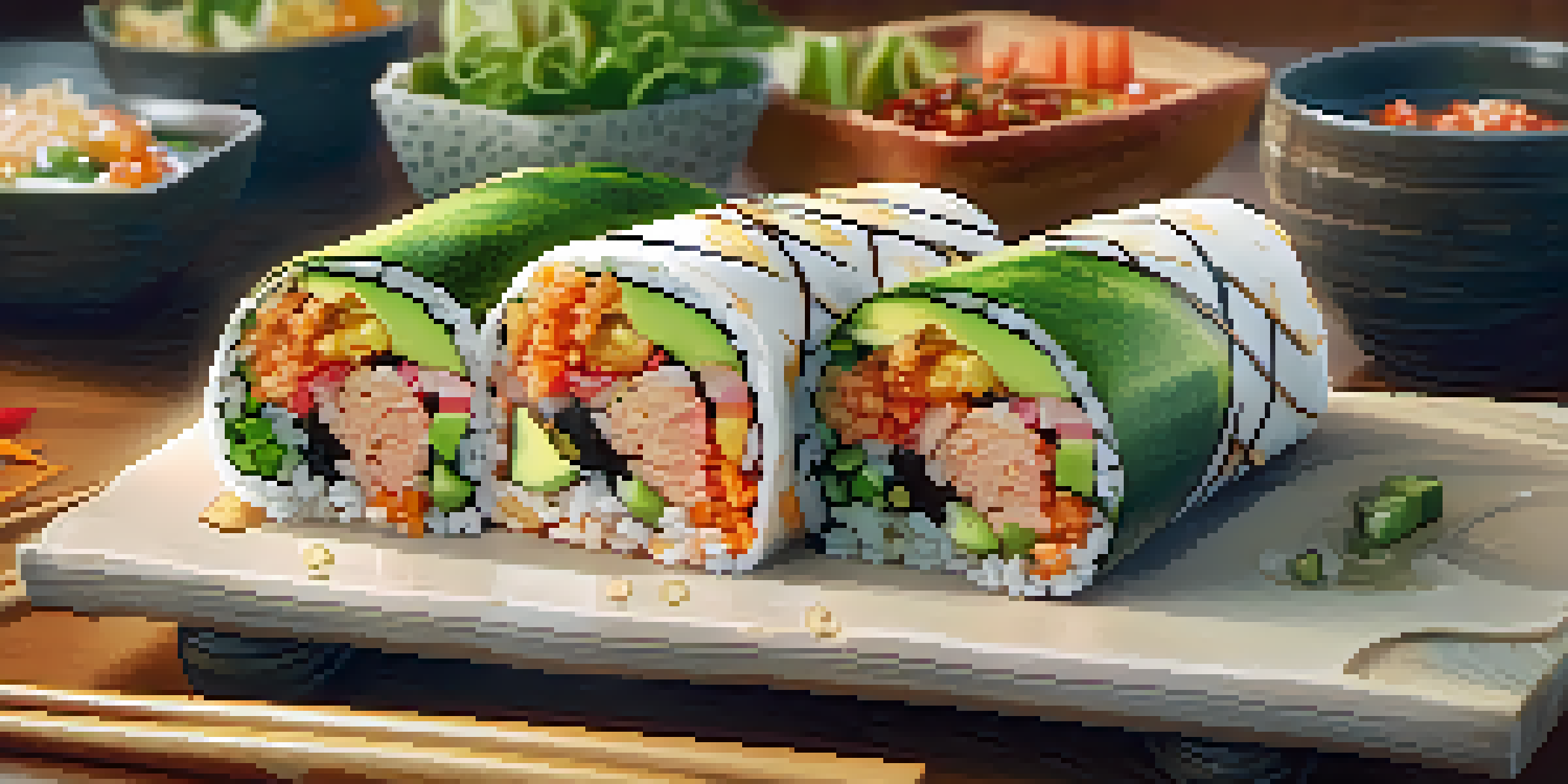 A sushi burrito filled with colorful ingredients, resting on a wooden cutting board with chopsticks.