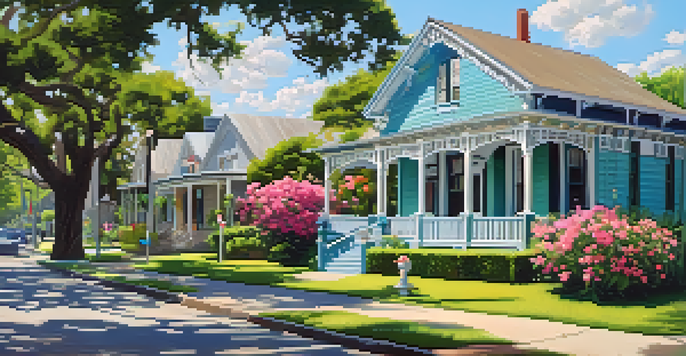 A vibrant street view in Bouldin Creek featuring historic homes and modern buildings, surrounded by lush greenery and colorful flowers.