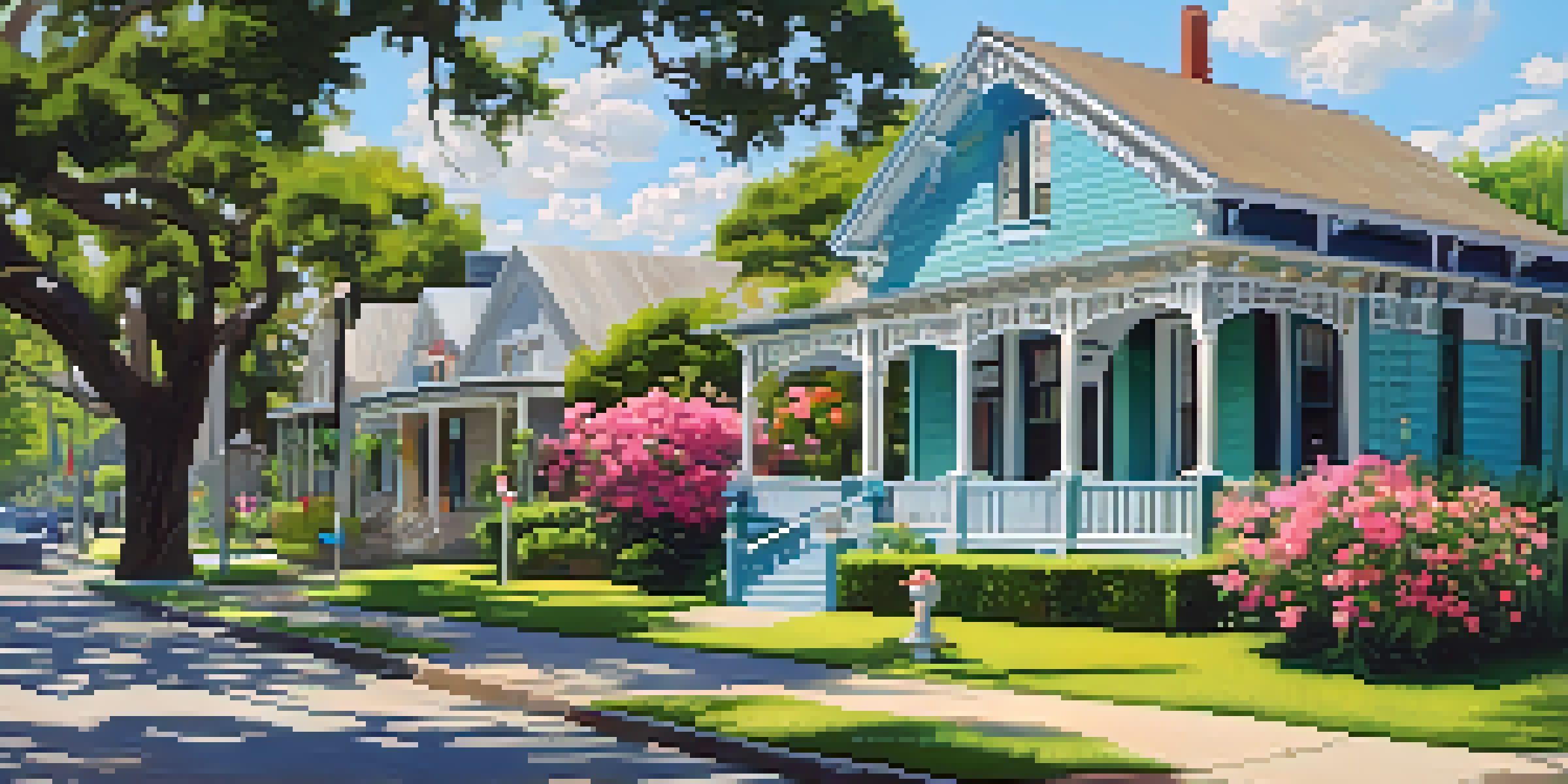 A vibrant street view in Bouldin Creek featuring historic homes and modern buildings, surrounded by lush greenery and colorful flowers.