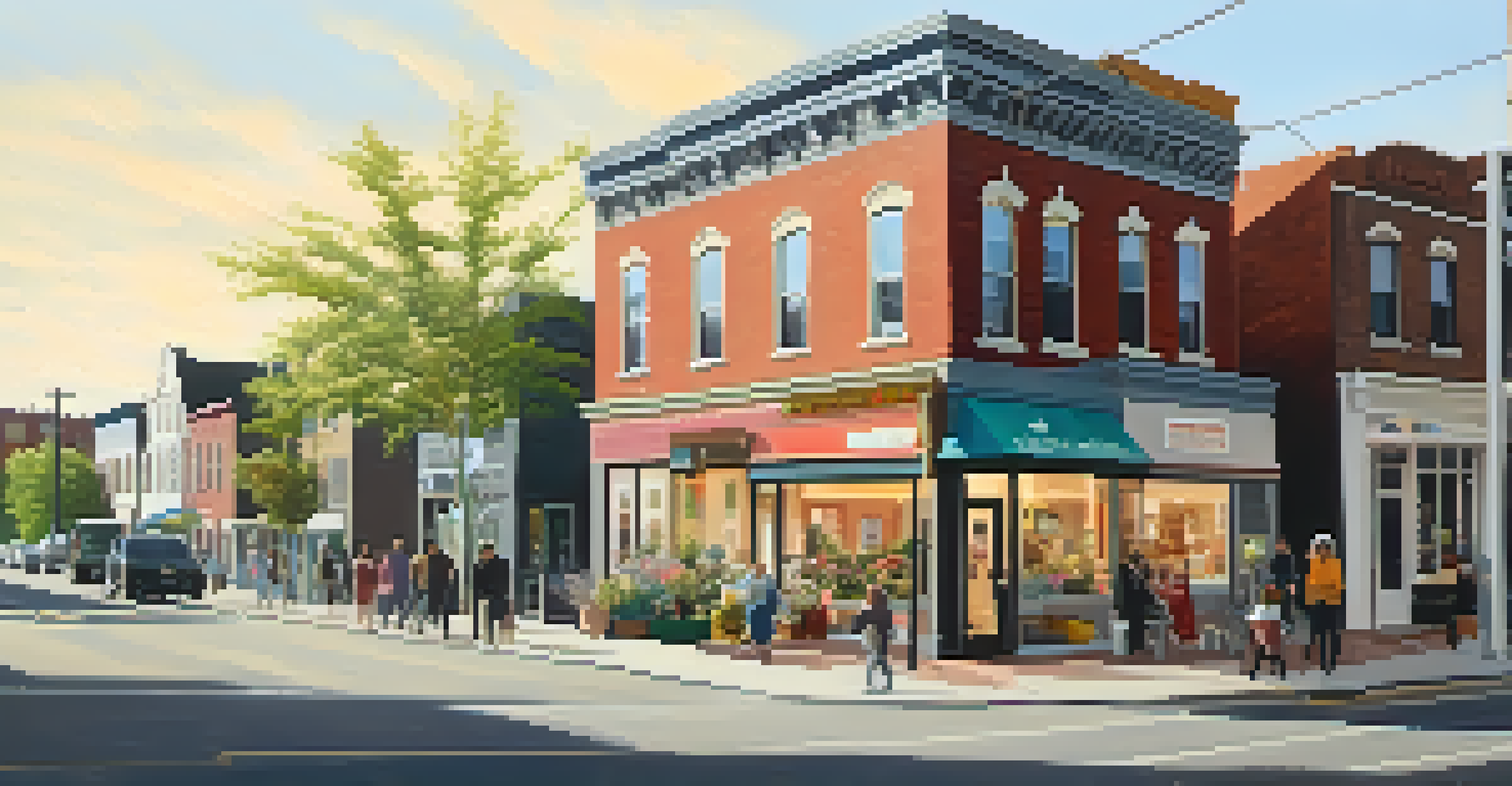 A neighborhood scene showing a family-owned shop next to a trendy boutique, with vibrant flowers and pedestrians under warm sunlight, representing gentrification.