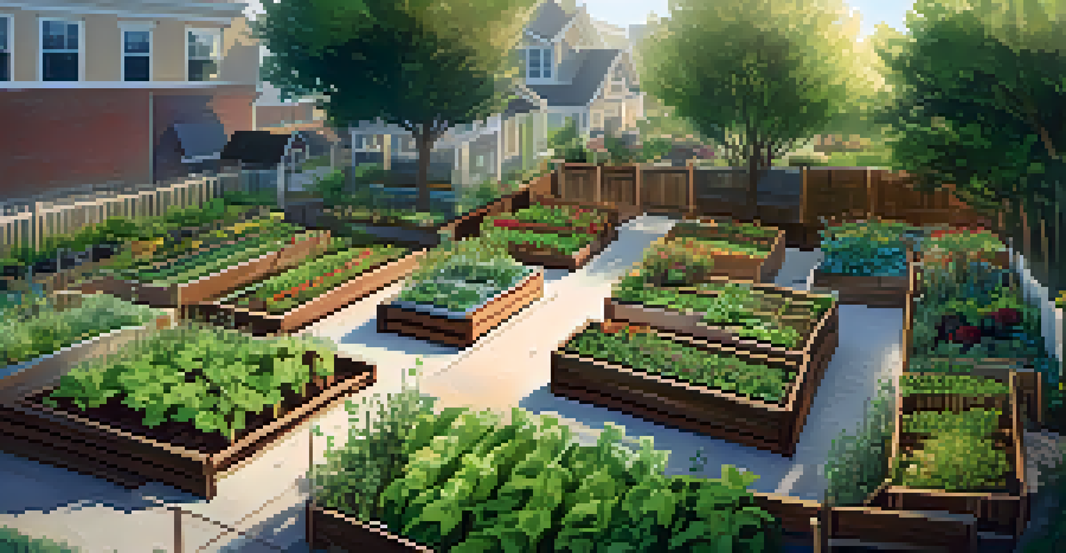 An aerial view of a structured community garden with raised vegetable beds, wood chip paths, and a water harvesting system, surrounded by a wooden fence.