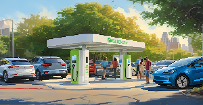 A lively scene in Austin with electric vehicles near a charging station, surrounded by people and greenery under a sunny sky.