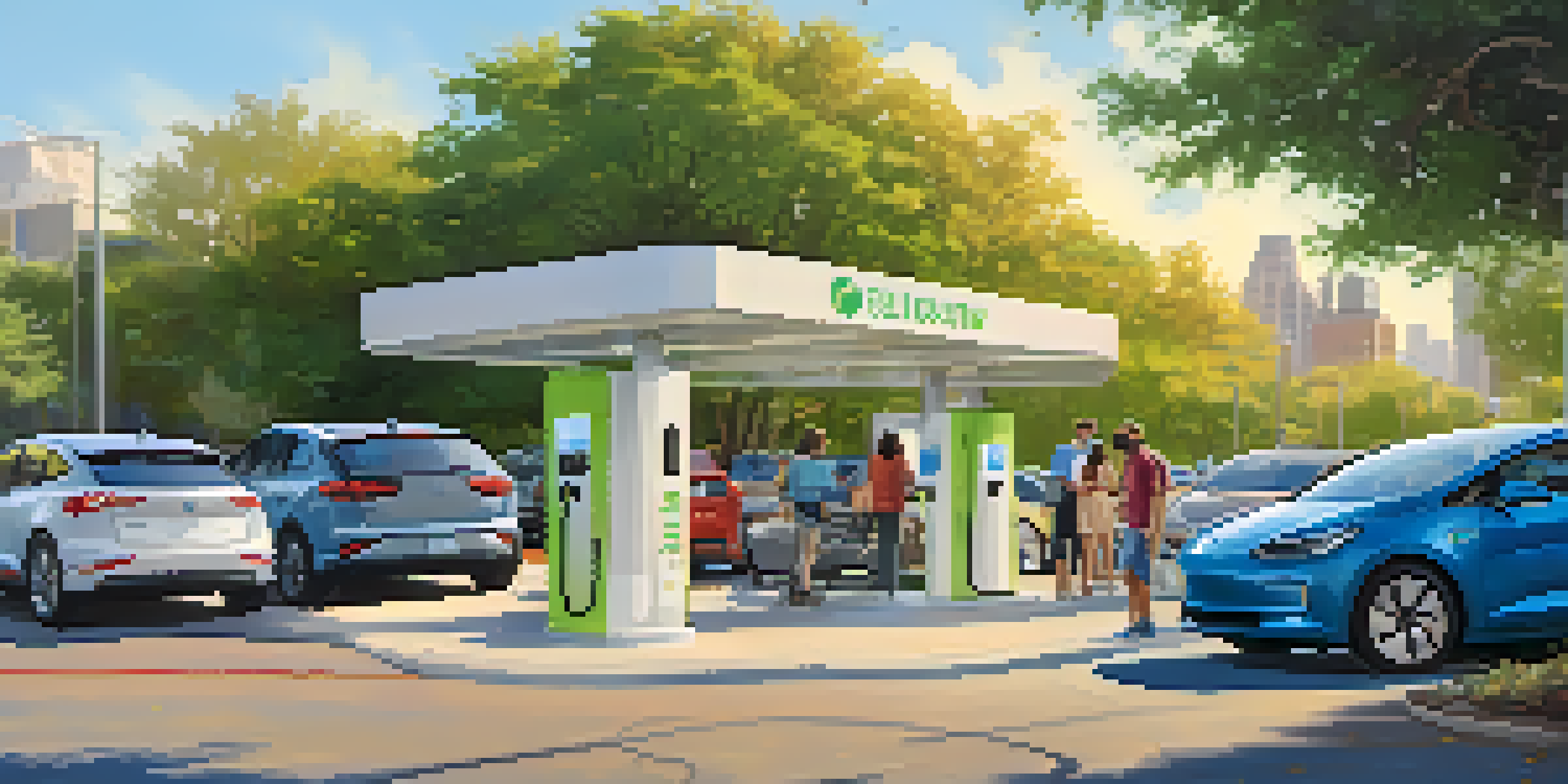 A lively scene in Austin with electric vehicles near a charging station, surrounded by people and greenery under a sunny sky.