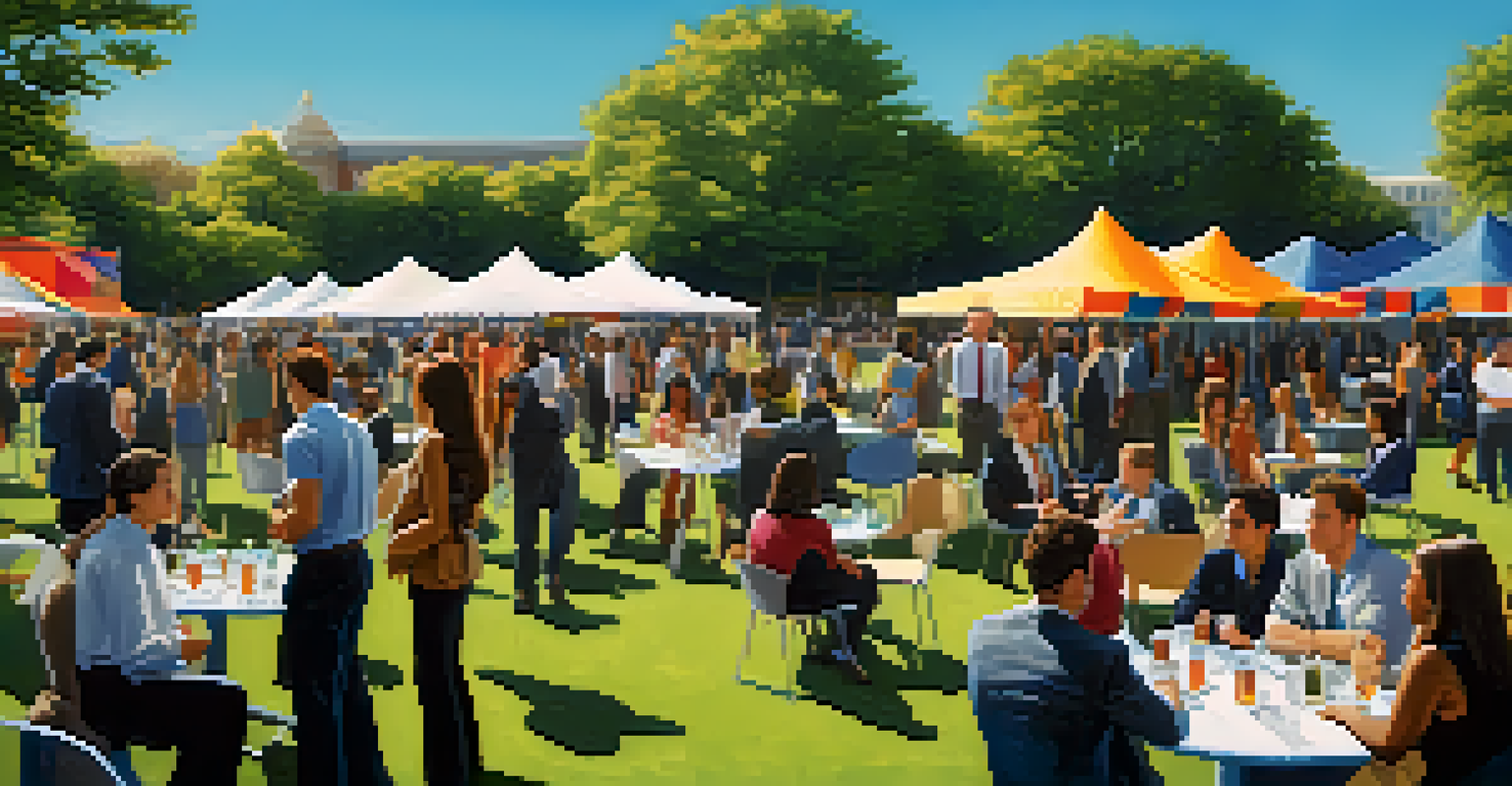 A vibrant outdoor networking event with students and professionals engaging in conversations on a university lawn.