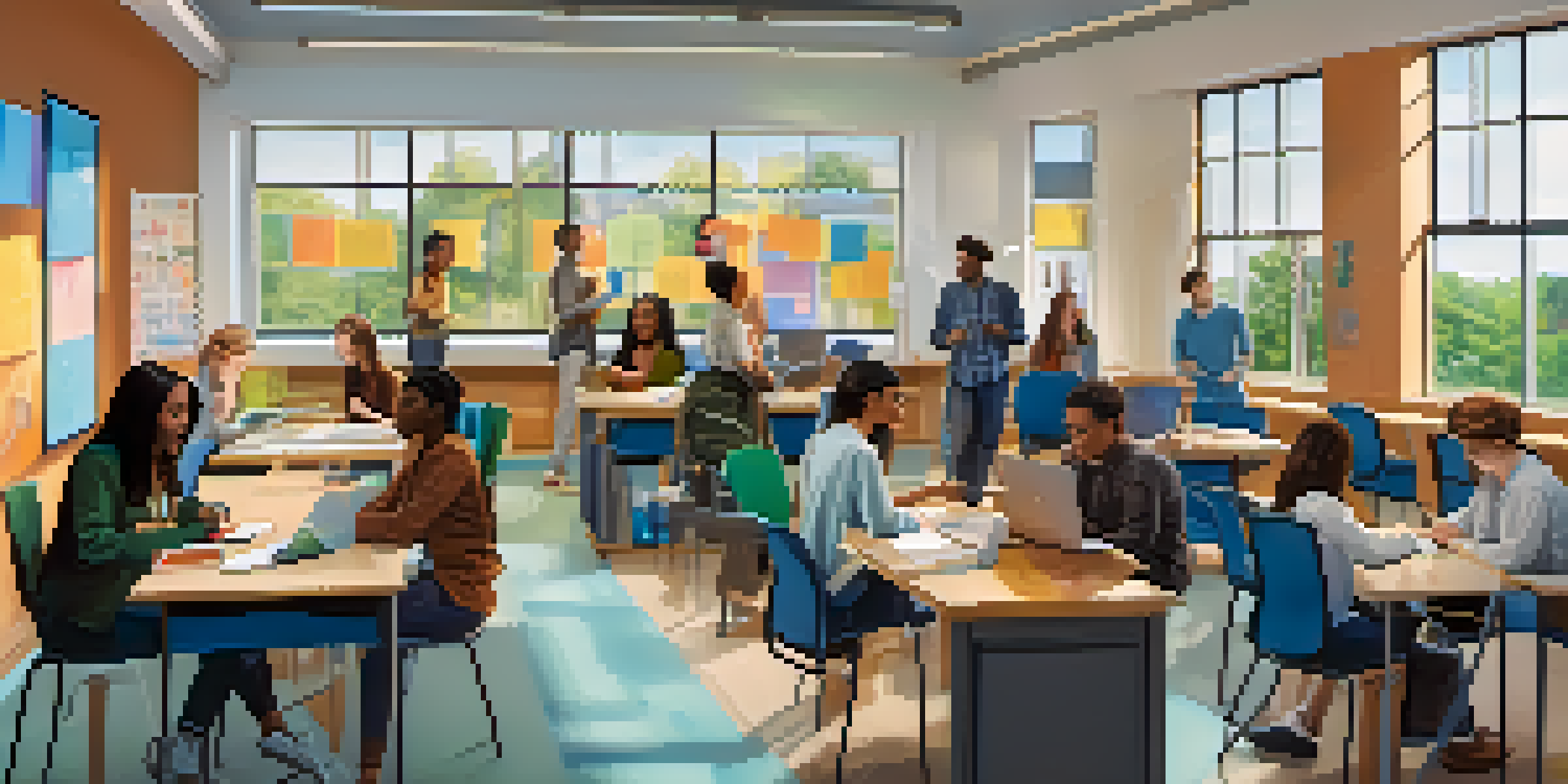 A diverse group of university students collaborating on a project in a modern classroom filled with technology.