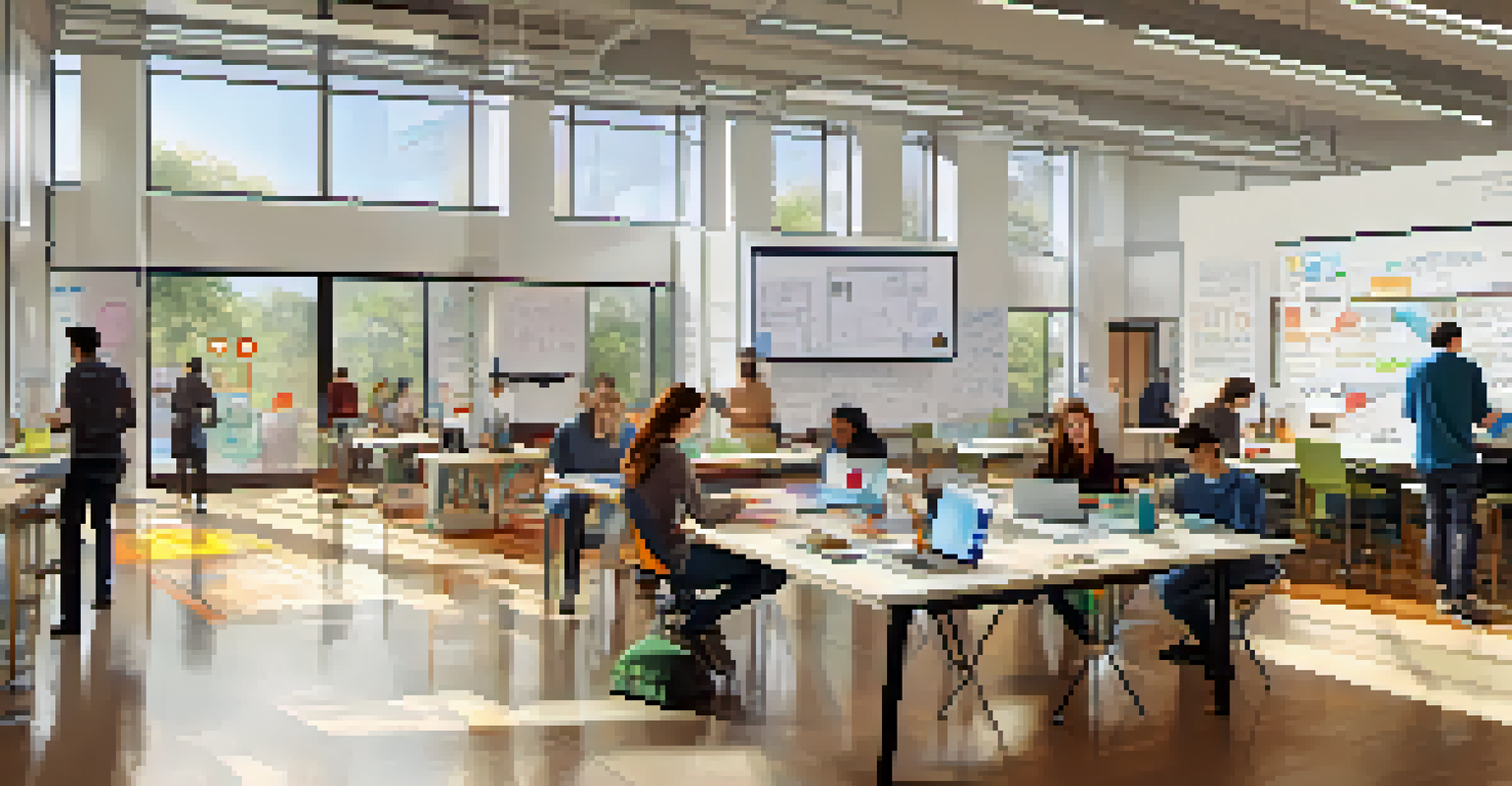 A collaborative university innovation center with students working on tech projects, surrounded by whiteboards and laptops.