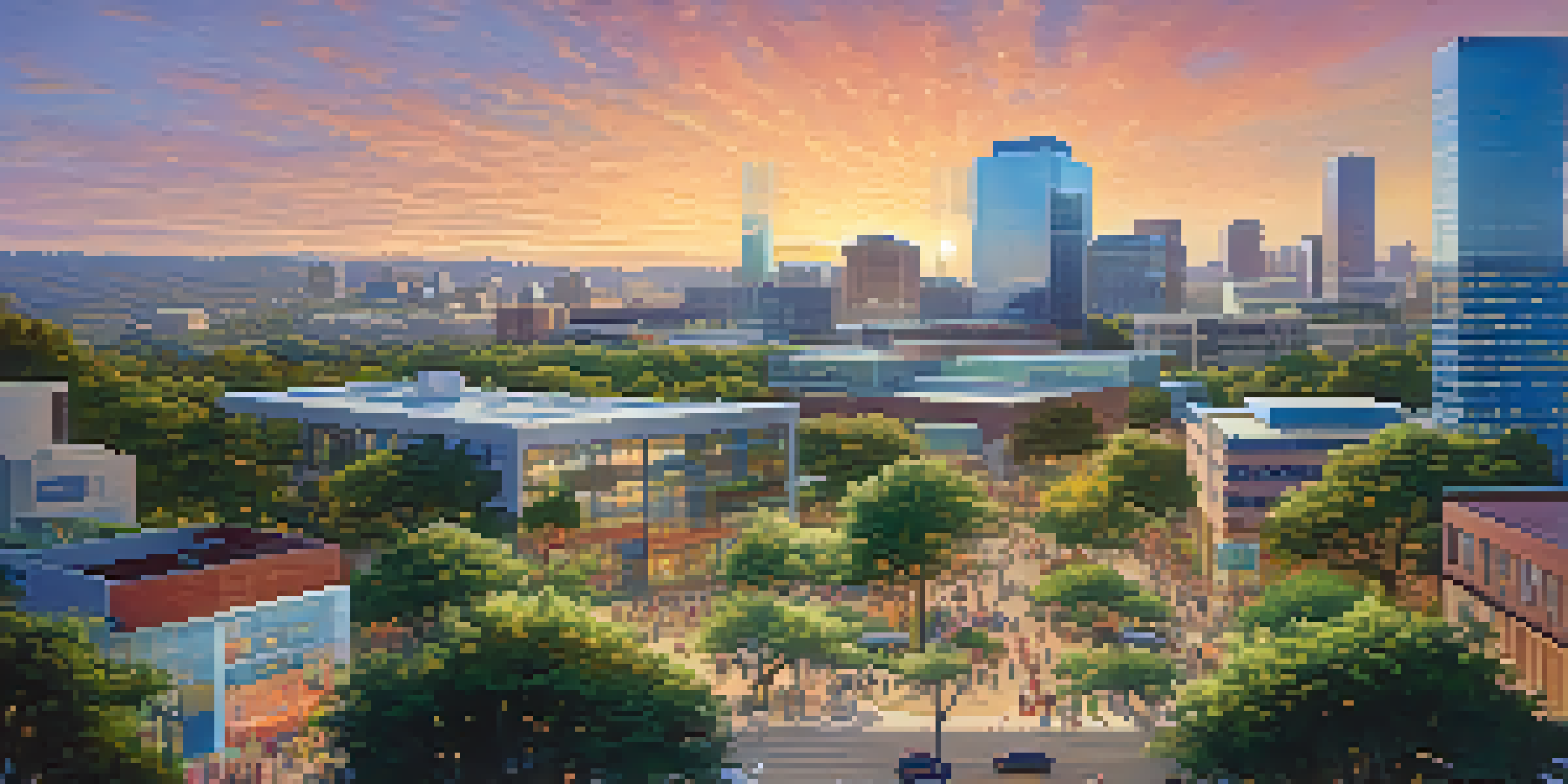 A modern skyline of Silicon Hills in Austin, Texas, with green spaces and professionals engaging outside a tech startup under a clear blue sky.