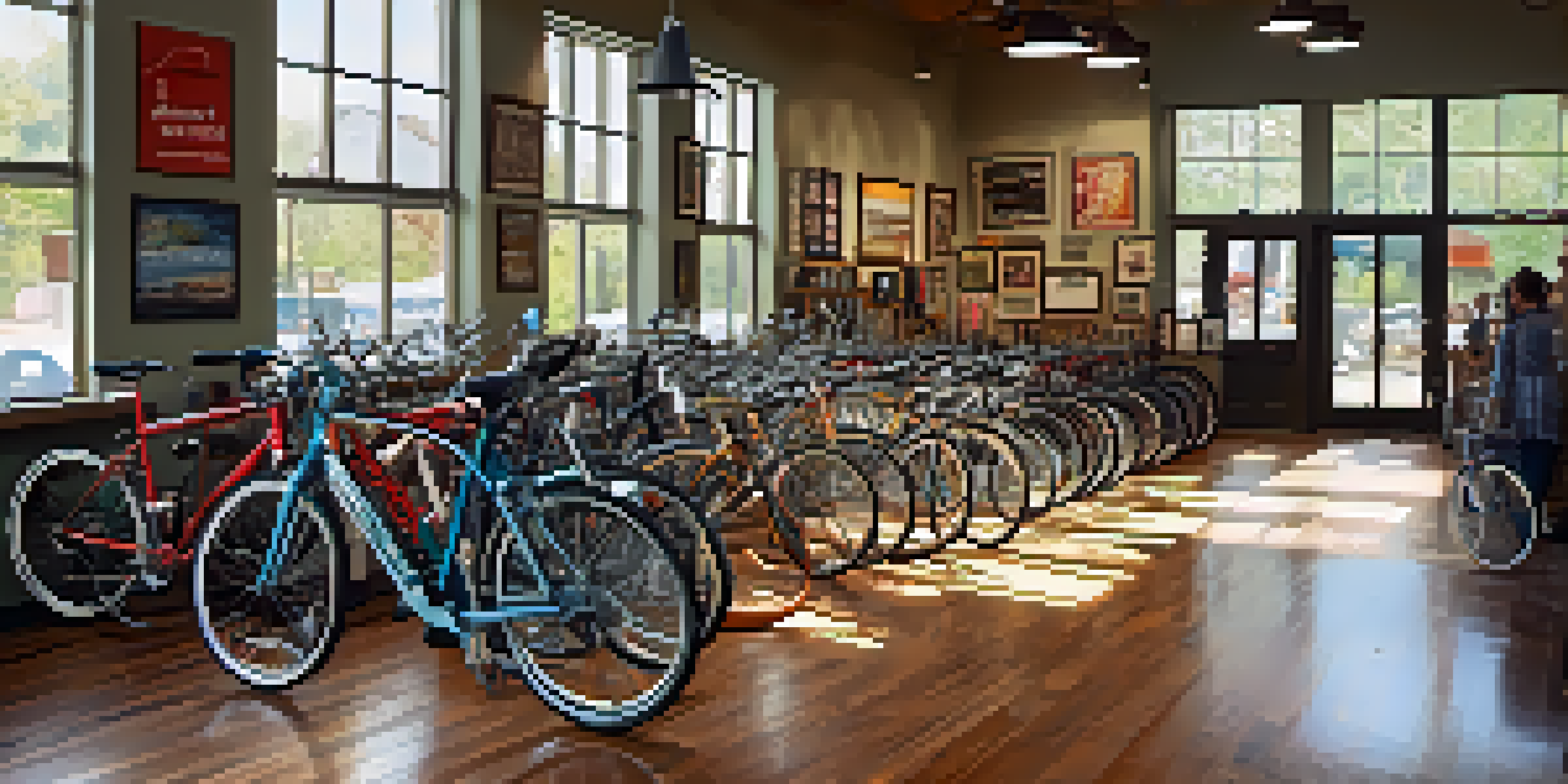 A busy bike shop in Austin with people of different backgrounds interacting and various bicycles on display, illuminated by warm natural light.