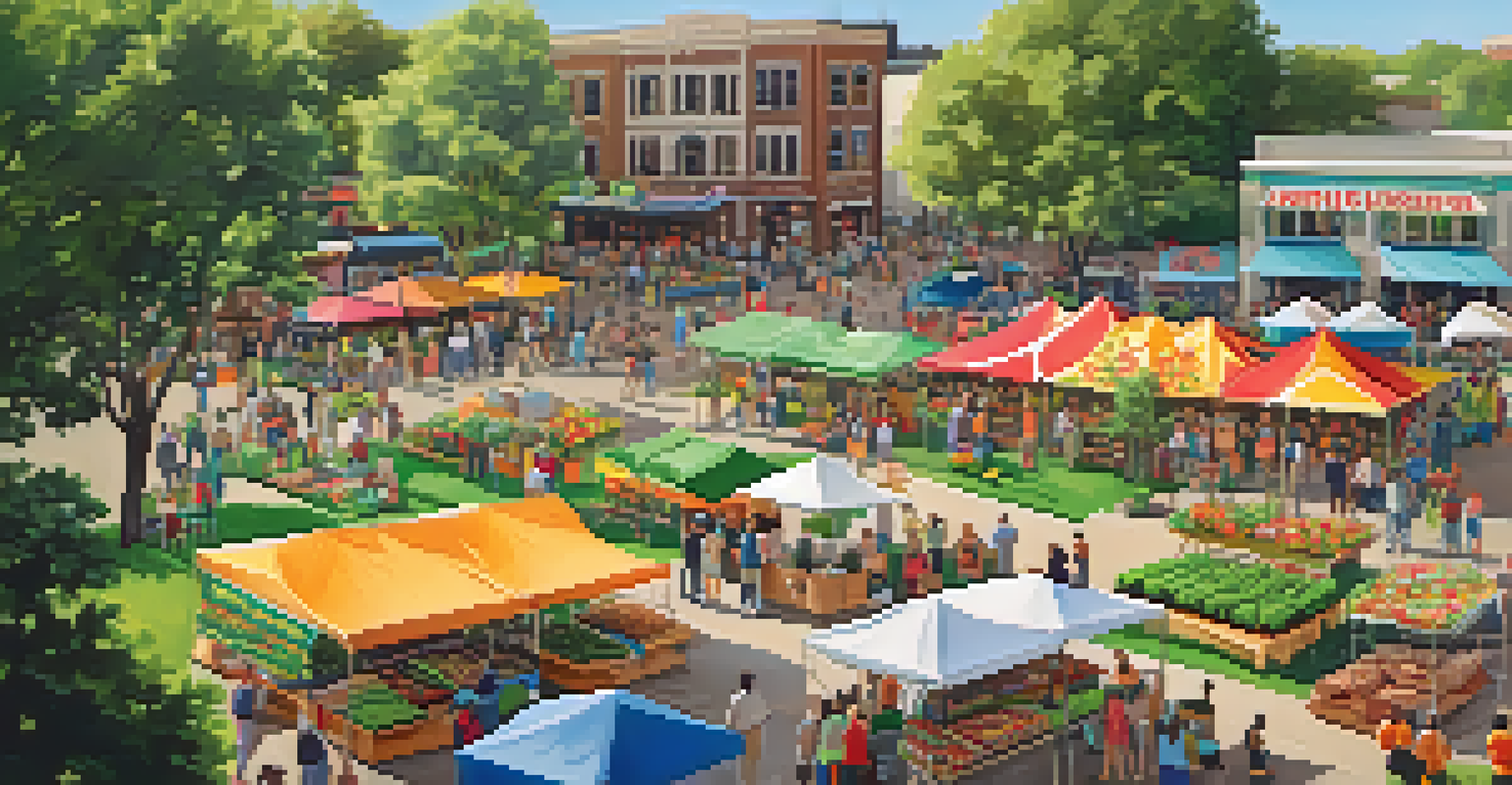 Aerial view of a vibrant farmers' market in Austin's public park with stalls of fresh produce and people enjoying the community event.