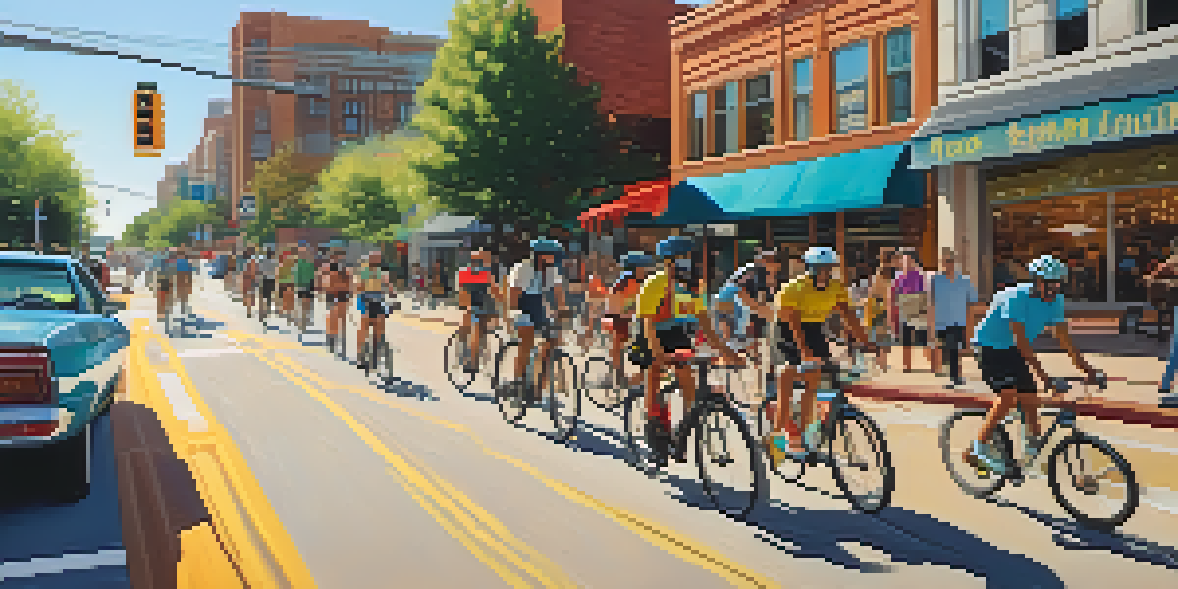 A lively urban scene in Austin with diverse cyclists riding on a protected bike lane, surrounded by local shops and greenery under the warm sun.