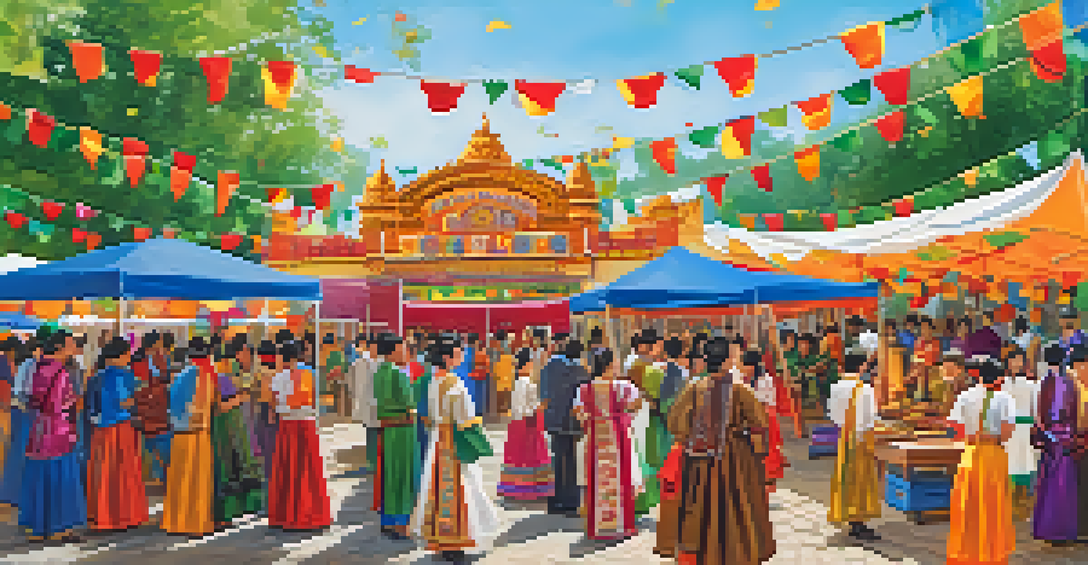 A lively cultural festival at a university with students enjoying various ethnic foods and performances, surrounded by colorful decorations.