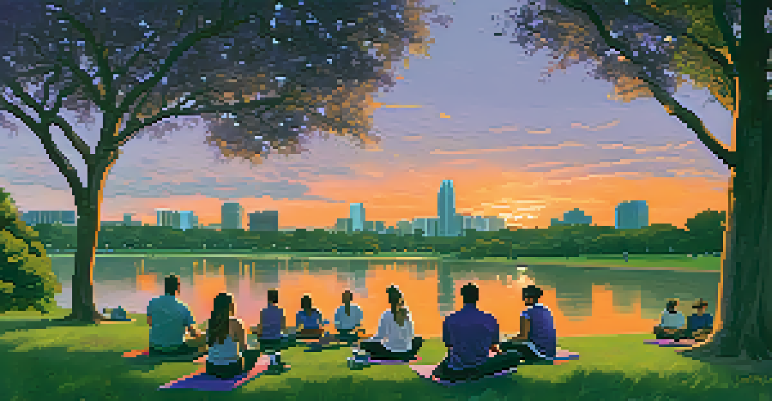 A scenic sunset view of Zilker Park in Austin, featuring remote workers on laptops and people enjoying outdoor activities.