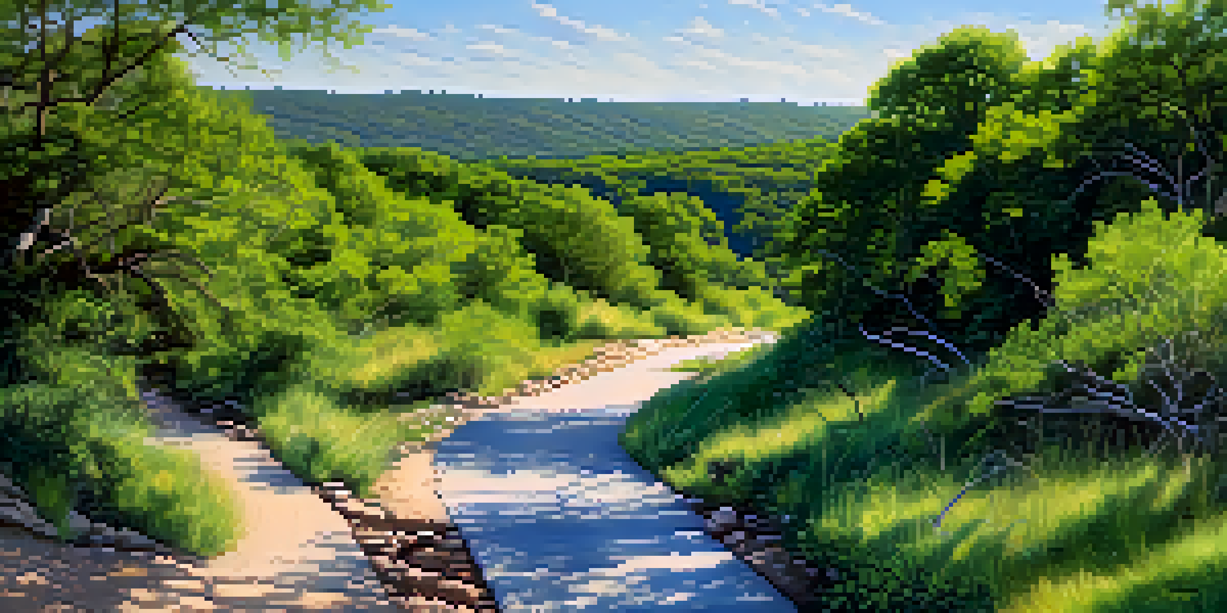 A wide view of Barton Creek Greenbelt, featuring limestone cliffs, greenery, and colorful wildflowers with people hiking and biking.