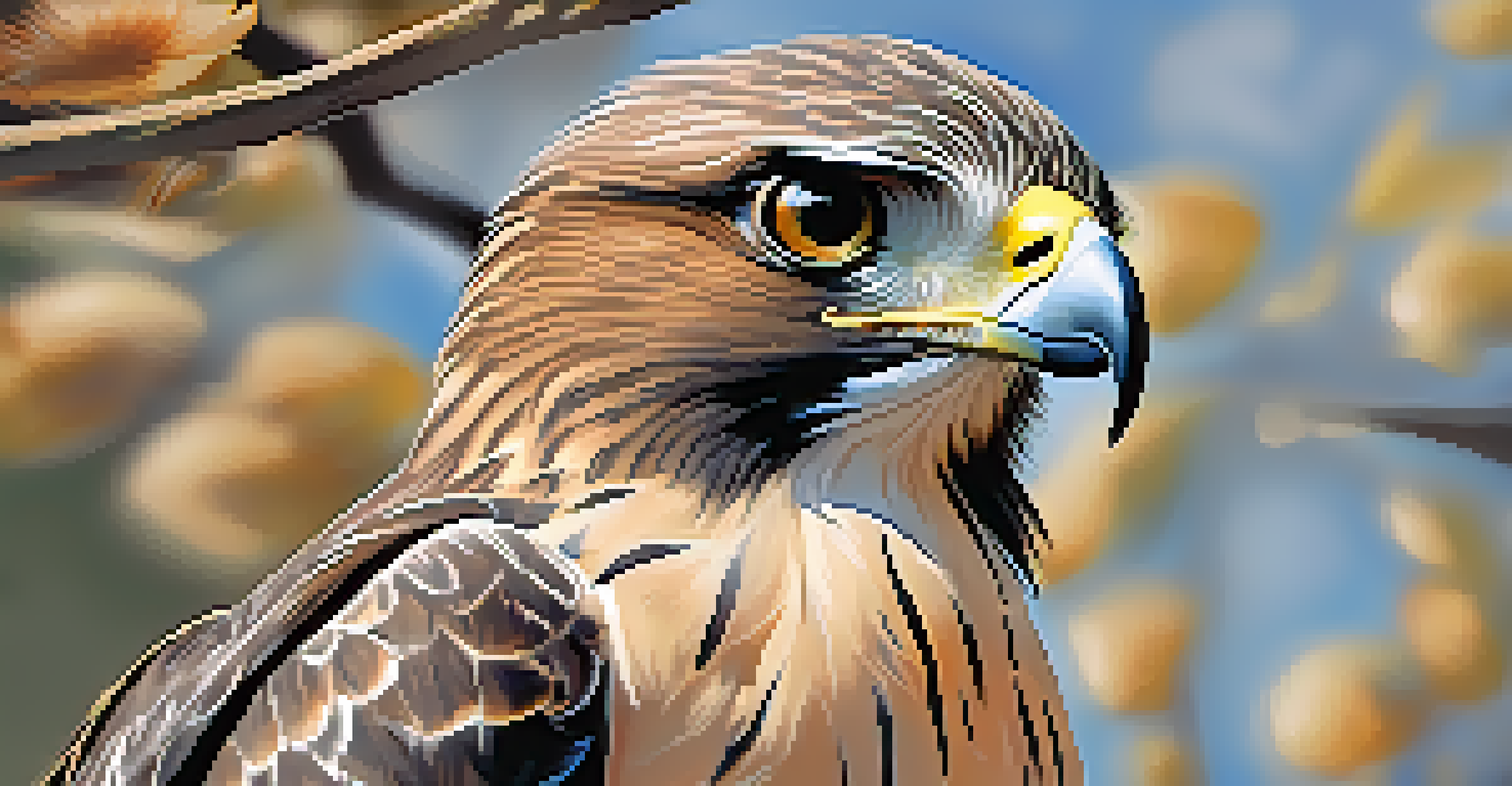 A close-up of a hawk perched on a branch, with detailed feathers and a blurred natural background.