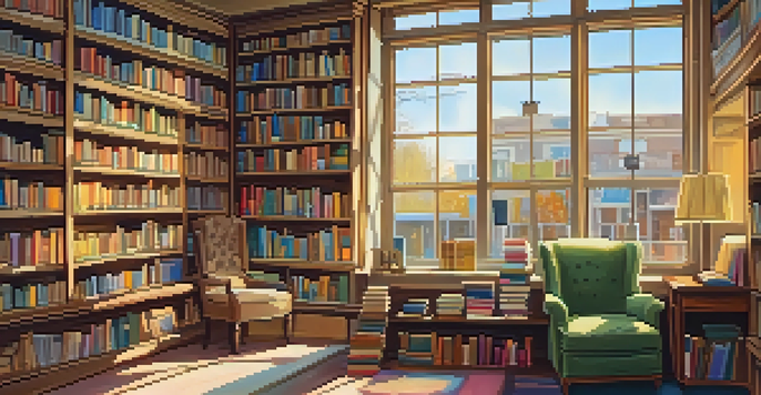 Interior view of a cozy independent bookstore with wooden shelves, colorful books, and a comfortable reading nook.
