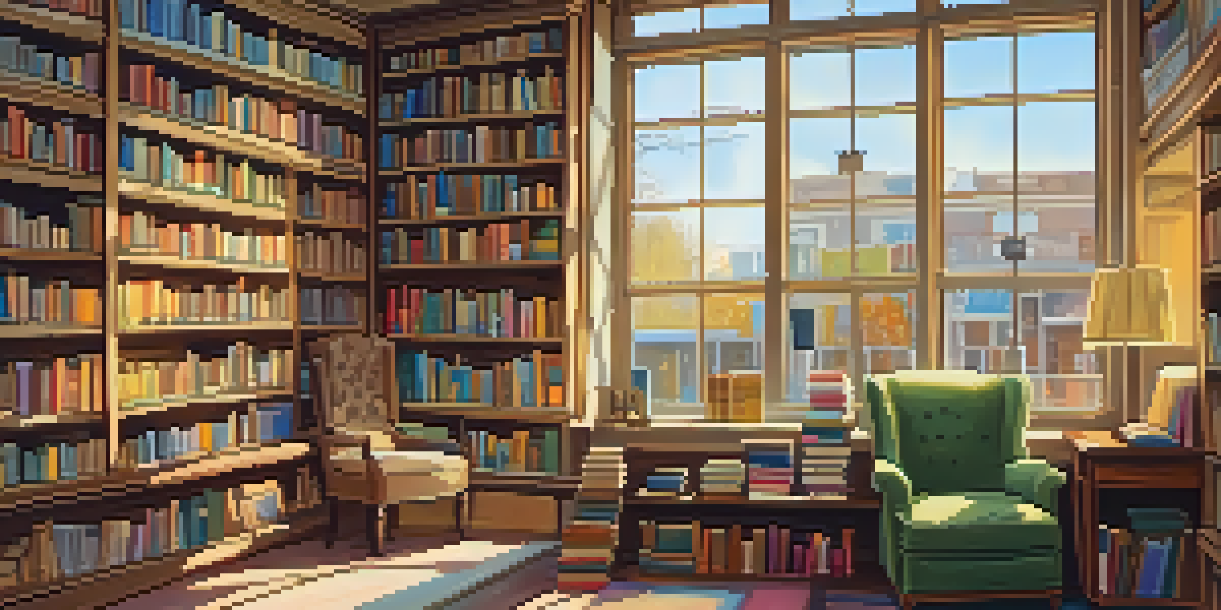 Interior view of a cozy independent bookstore with wooden shelves, colorful books, and a comfortable reading nook.
