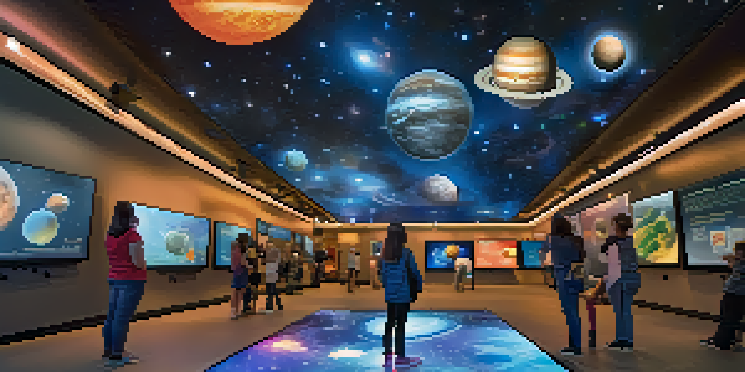 An interactive science museum exhibit with visitors exploring the solar system using digital screens and augmented reality glasses.