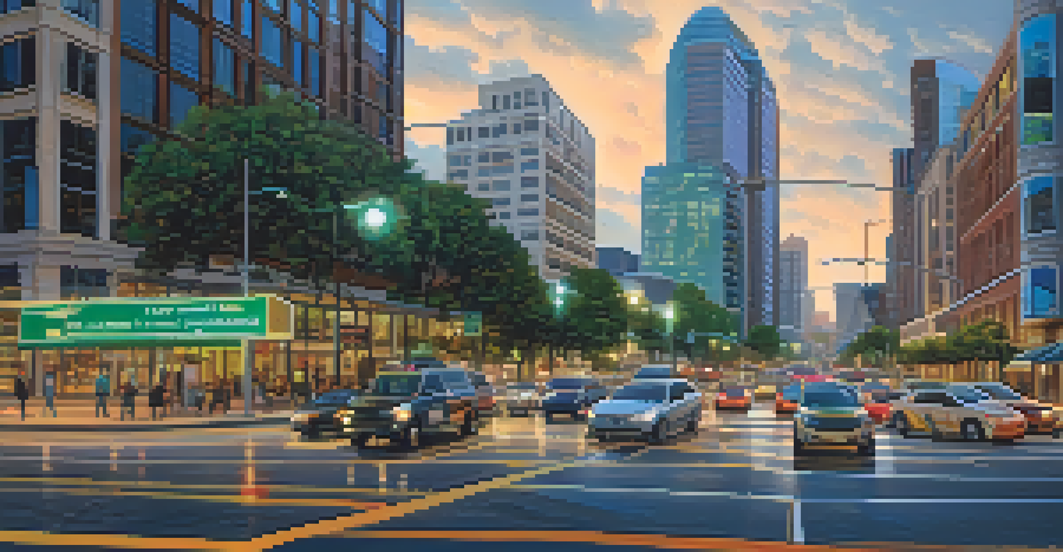 A busy intersection in Austin, Texas, with smart traffic lights and vehicles moving smoothly, showcasing urban technology.
