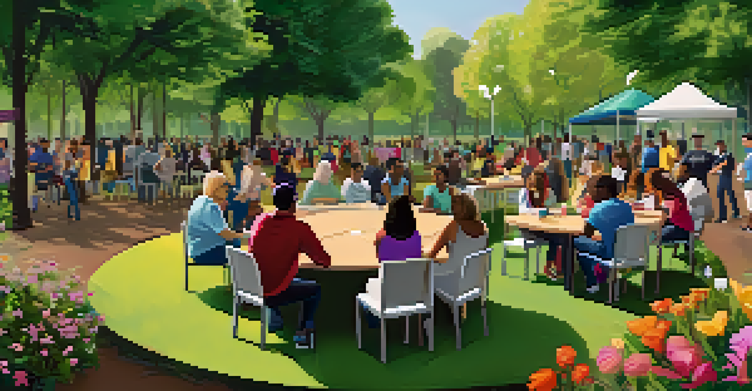 A community gathering in a park with people participating in a workshop about transgender rights, surrounded by tables with materials and colorful posters.