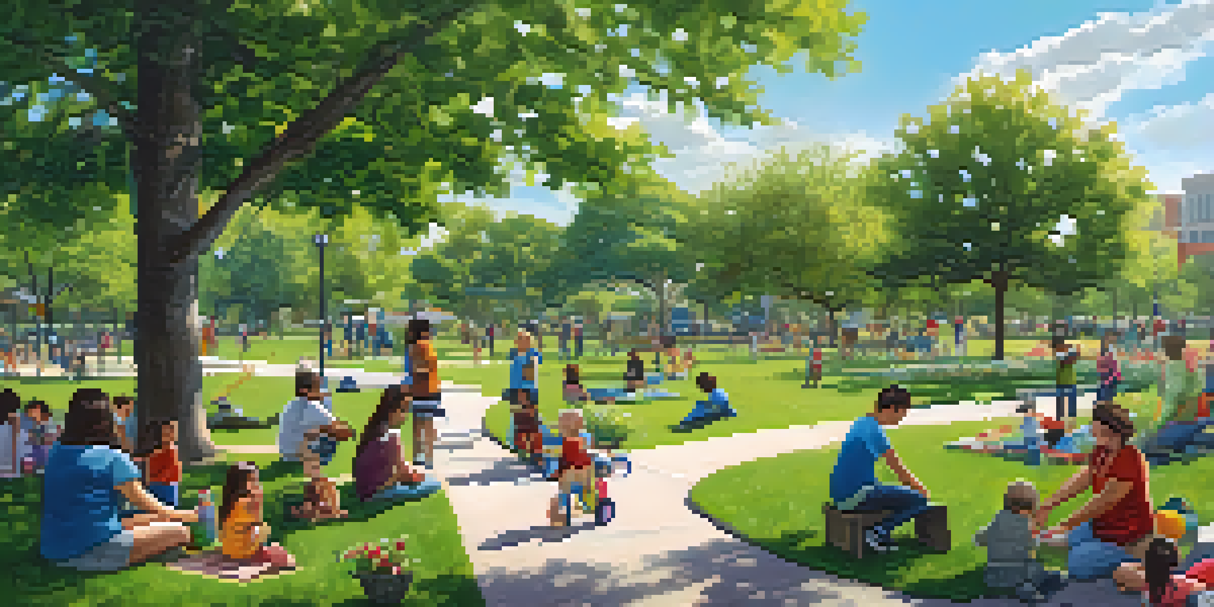 A busy community park in Austin with families, trees, flowers, and volunteers planting trees.