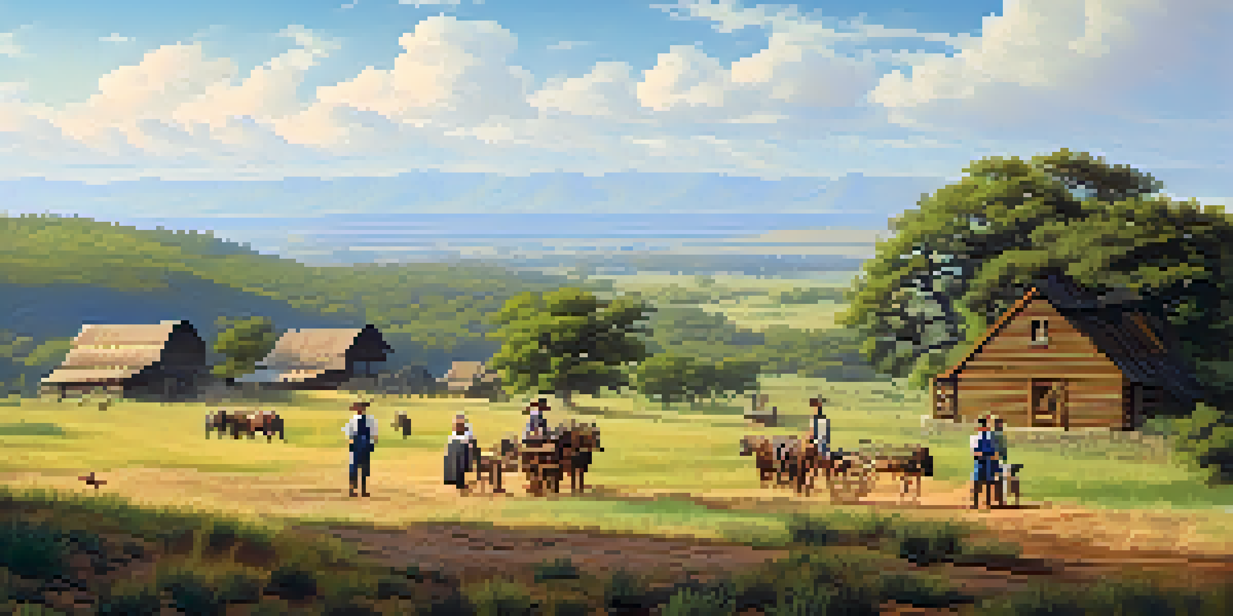 A peaceful Texas landscape with settlers planting crops in the early 1800s, showcasing rolling hills and a rustic cabin.