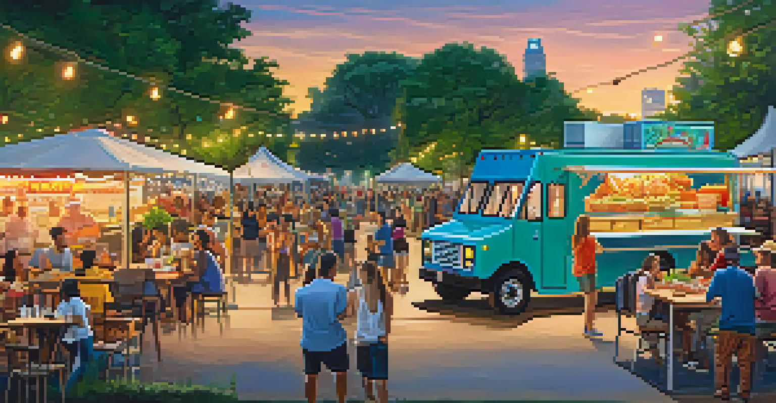 A lively food truck park in Austin filled with people dining at picnic tables, surrounded by colorful food trucks and greenery.
