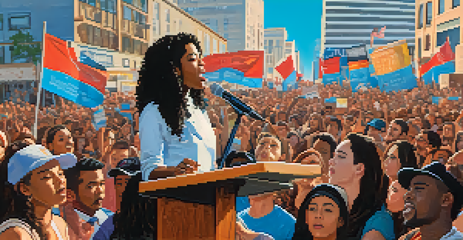A young activist speaking passionately at a rally in Austin, surrounded by supportive peers and colorful posters.