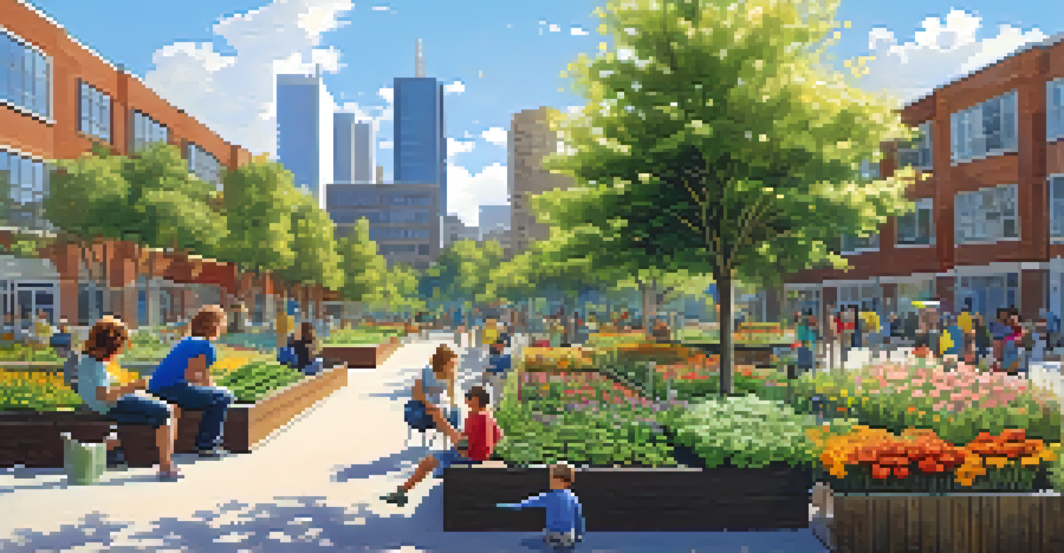 A sunny urban park with a community garden, people gardening, children playing, and modern buildings in the background.