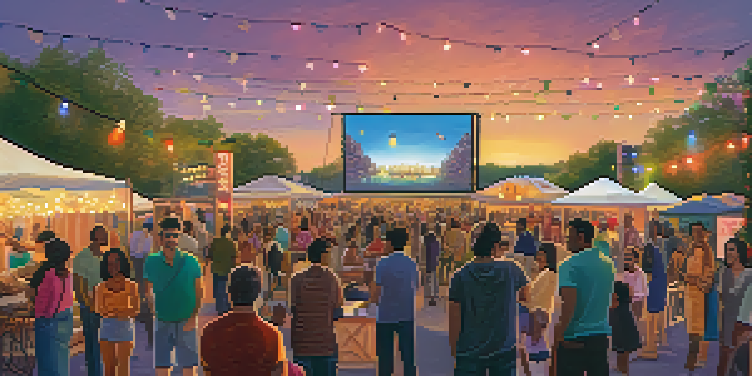 A lively outdoor film festival in Austin with a diverse crowd and a large screen showing a film, illuminated by string lights in a warm sunset.