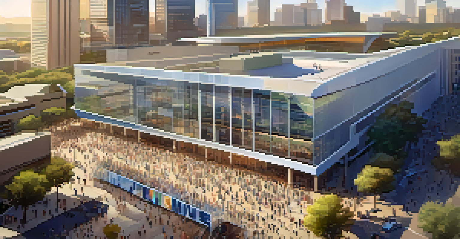 An aerial view of attendees entering the Austin Convention Center during a tech conference.