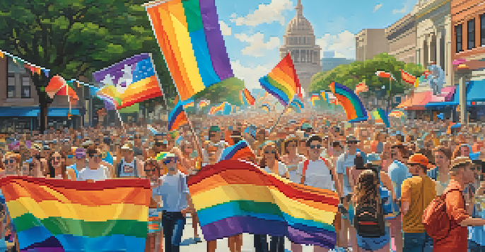 A lively Texas LGBTQ+ Pride Parade with a diverse crowd in colorful costumes and rainbow flags in a sunny Austin street.