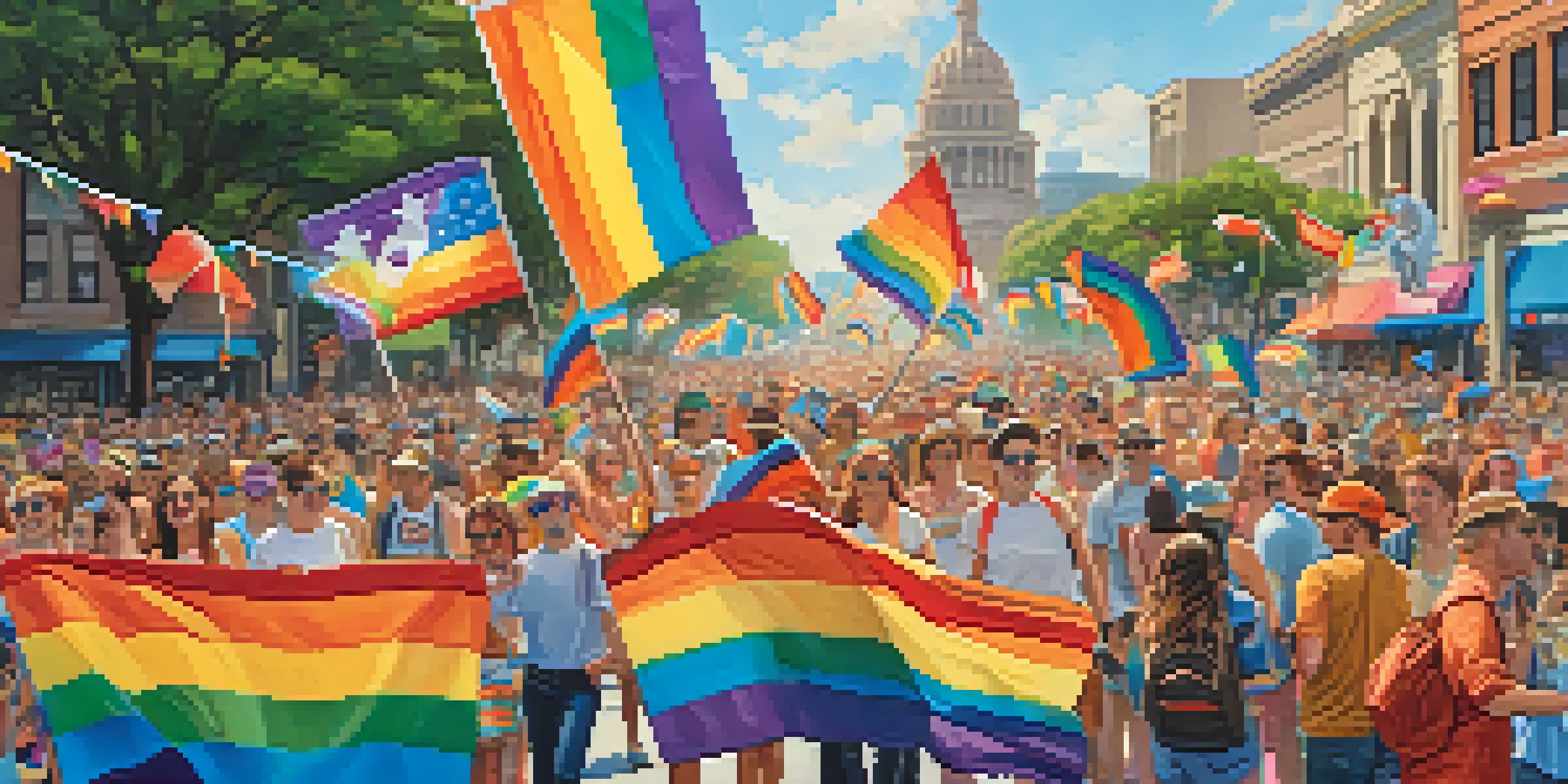 A lively Texas LGBTQ+ Pride Parade with a diverse crowd in colorful costumes and rainbow flags in a sunny Austin street.