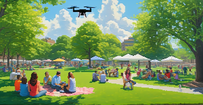 A peaceful urban park with people picnicking and a drone flying above on a sunny day.