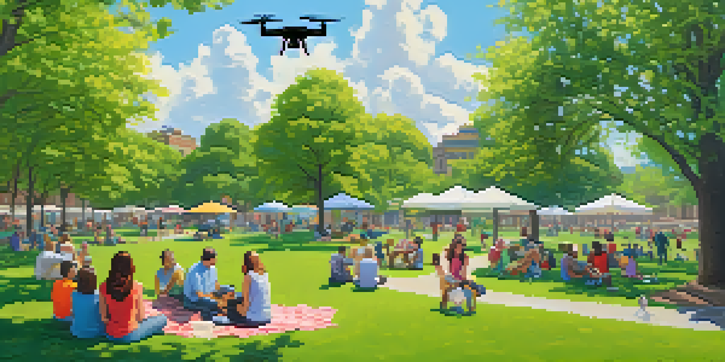 A peaceful urban park with people picnicking and a drone flying above on a sunny day.
