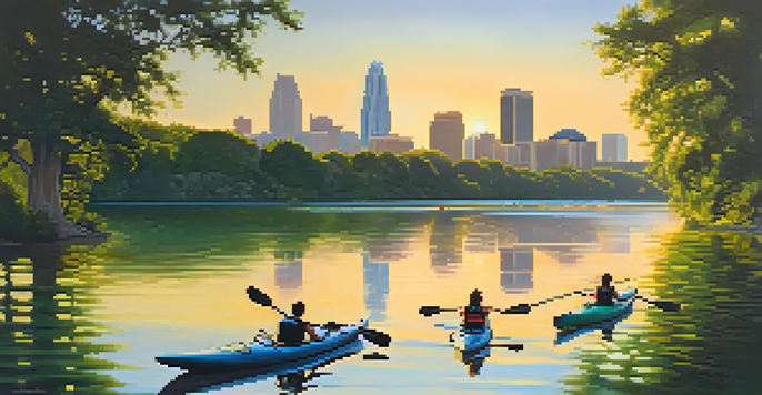 A beautiful sunrise over Lady Bird Lake with kayakers and the Austin skyline.