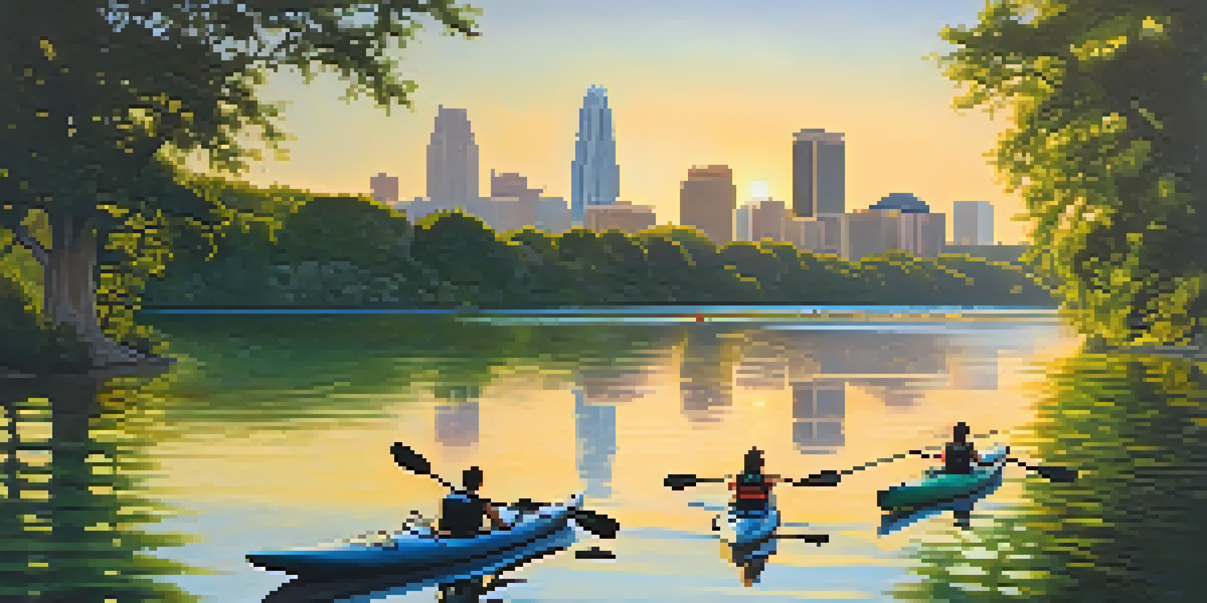 A beautiful sunrise over Lady Bird Lake with kayakers and the Austin skyline.