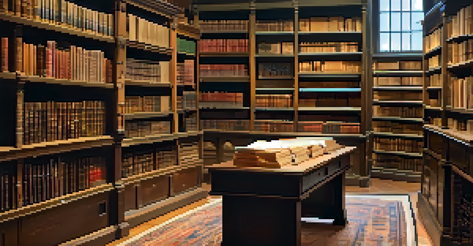A cozy archive room filled with shelves of historical artifacts and documents, with warm lighting and a central wooden table.