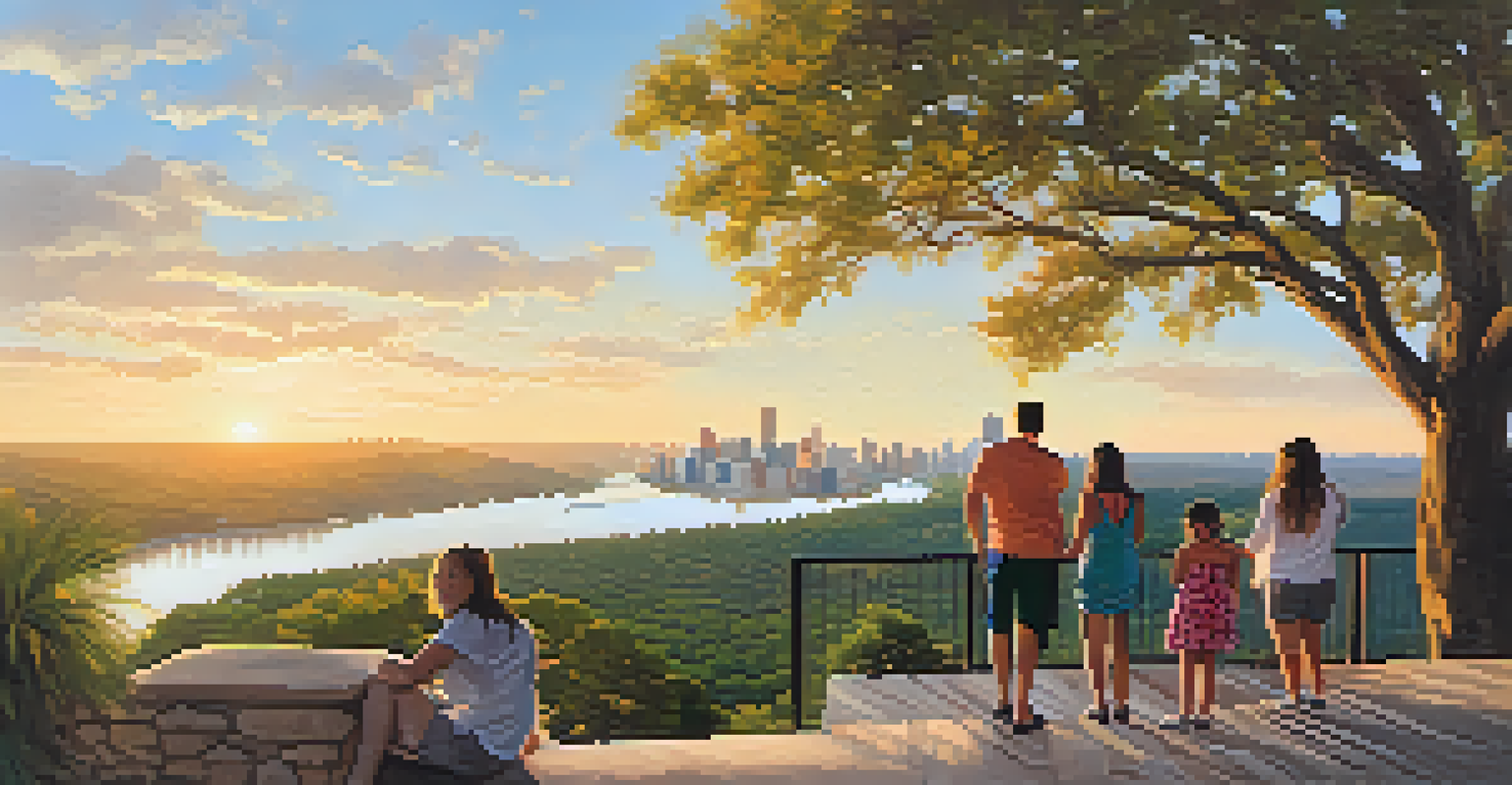 A family at the top of Mount Bonnell enjoying a view of the Colorado River and city skyline.