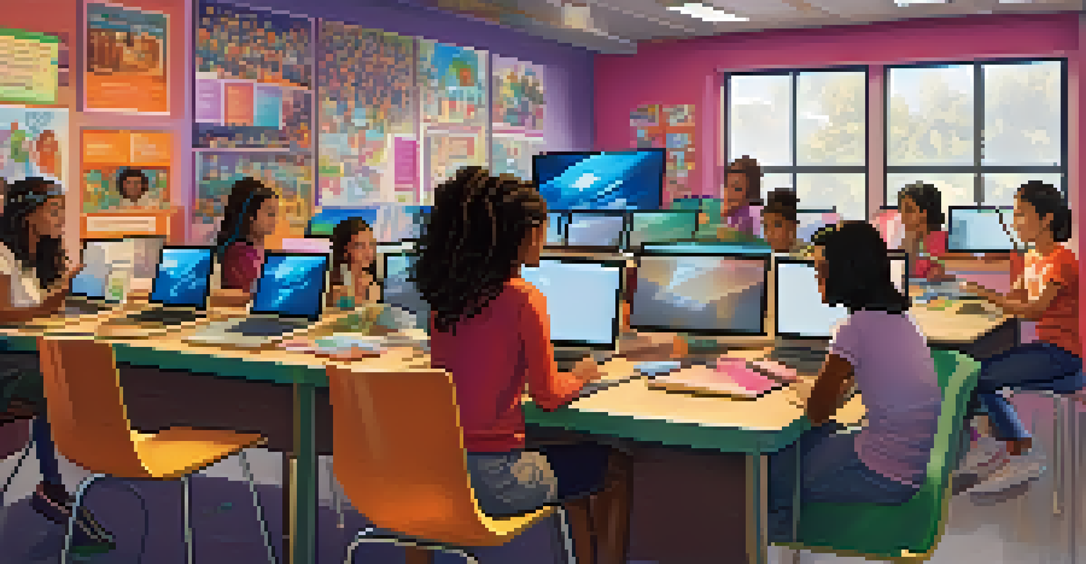 Young girls participating in a coding workshop with a female instructor, surrounded by colorful educational posters in a lively classroom setting.