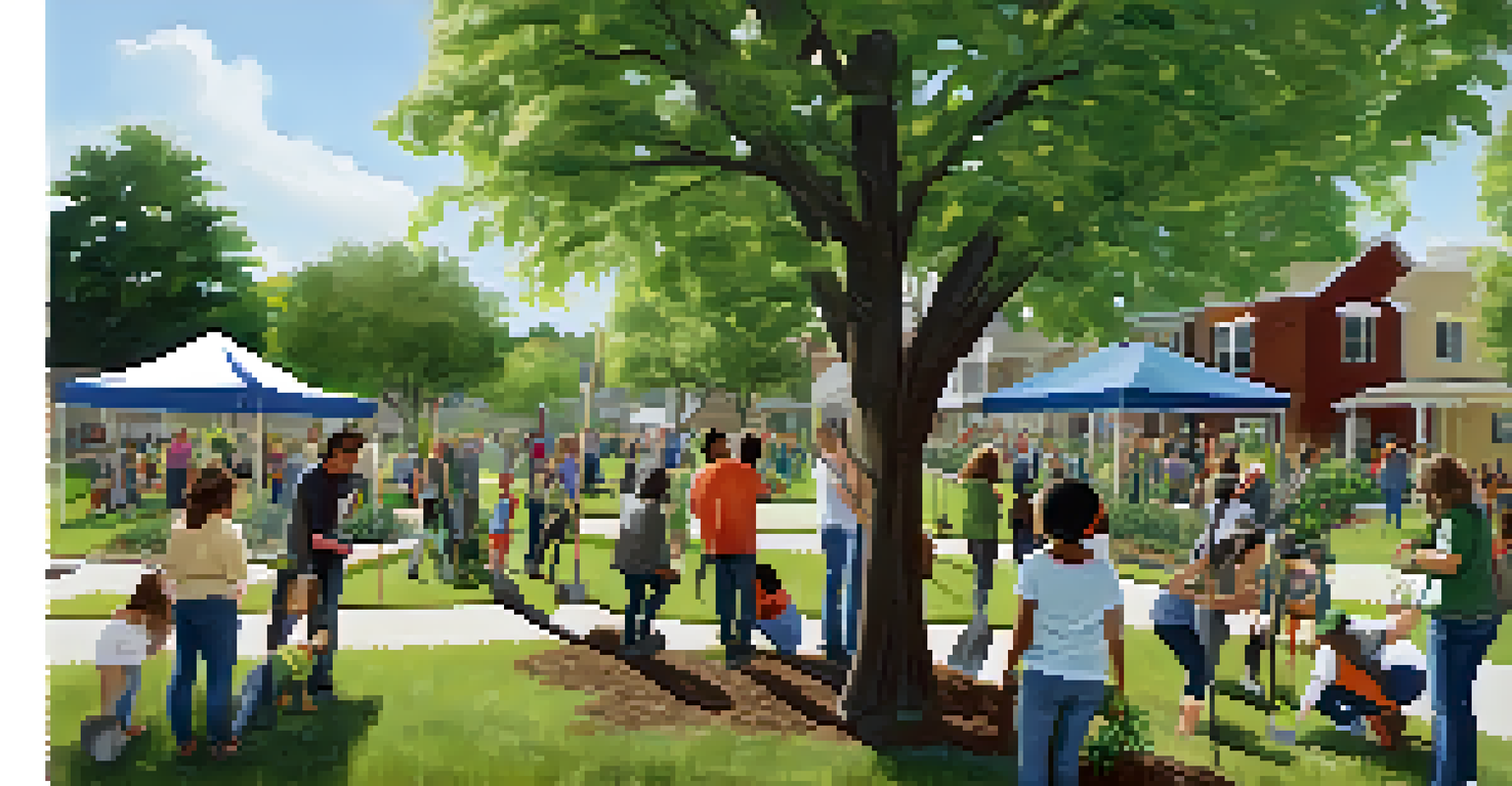 Community members, including families and children, participating in a tree planting event in a neighborhood park.