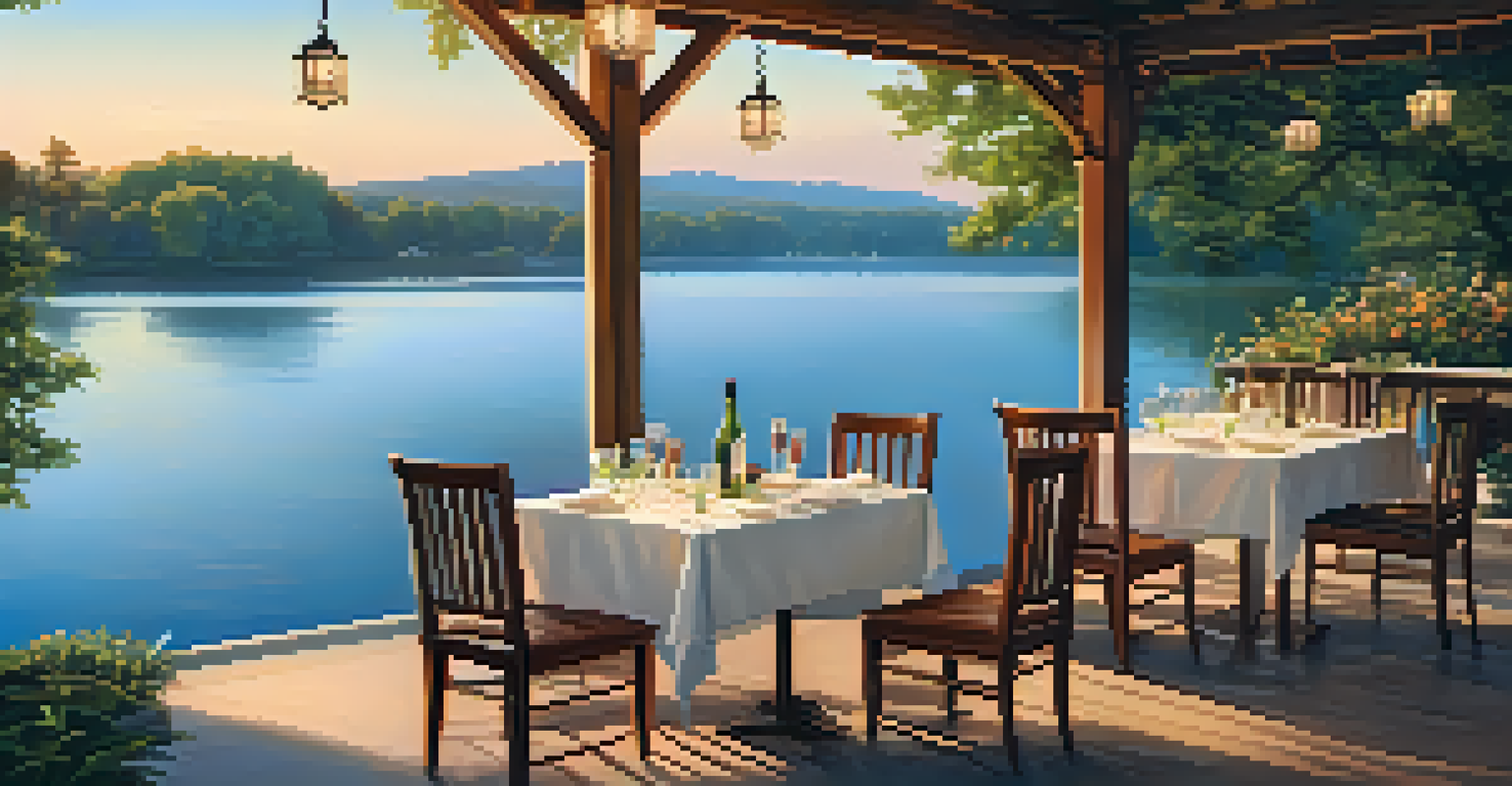 A picturesque outdoor dining setup with gourmet food and a view of the lake.