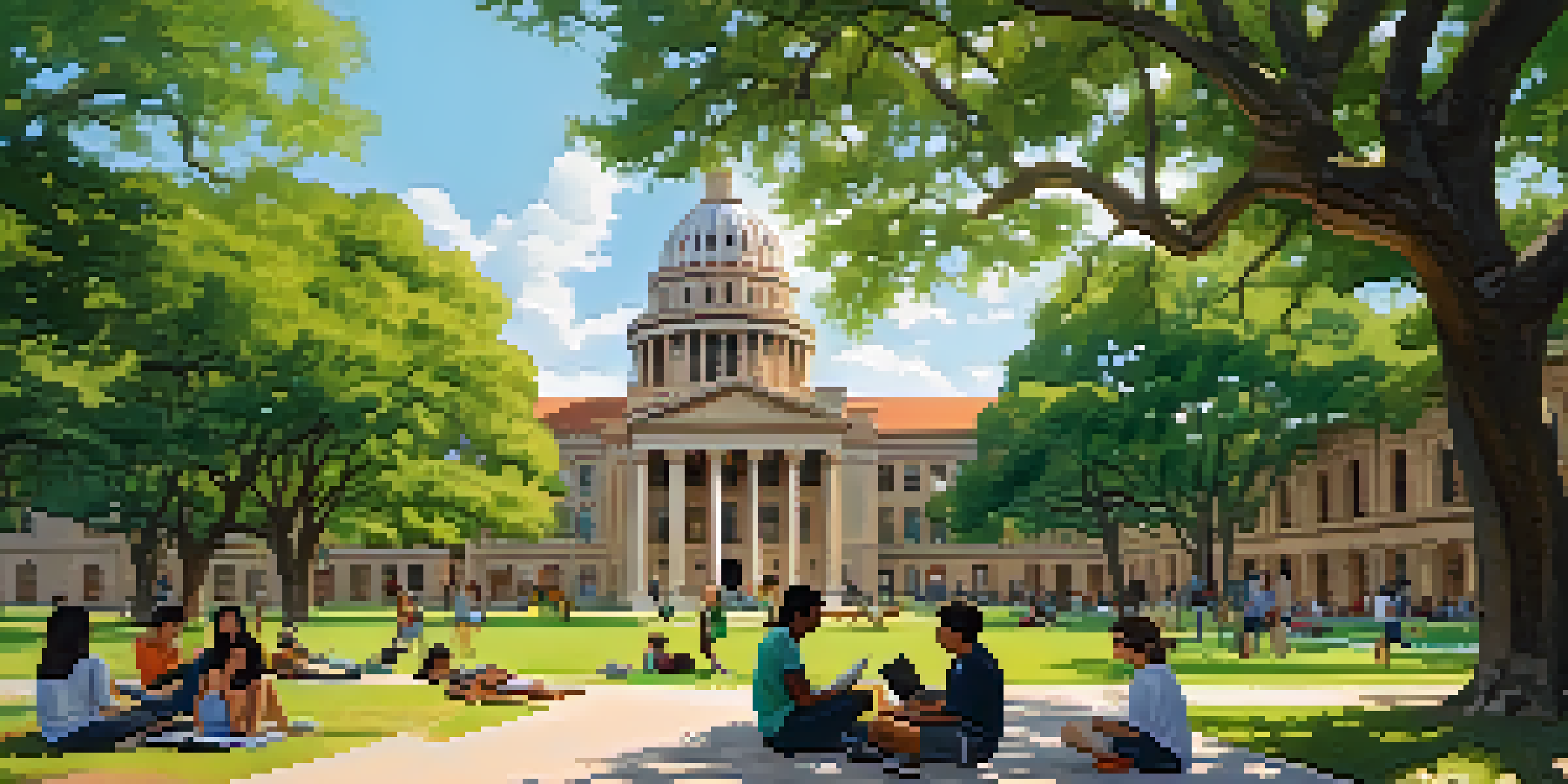 A lively university scene with diverse international students discussing and collaborating on campus under oak trees, showcasing the vibrant atmosphere of the University of Texas at Austin.