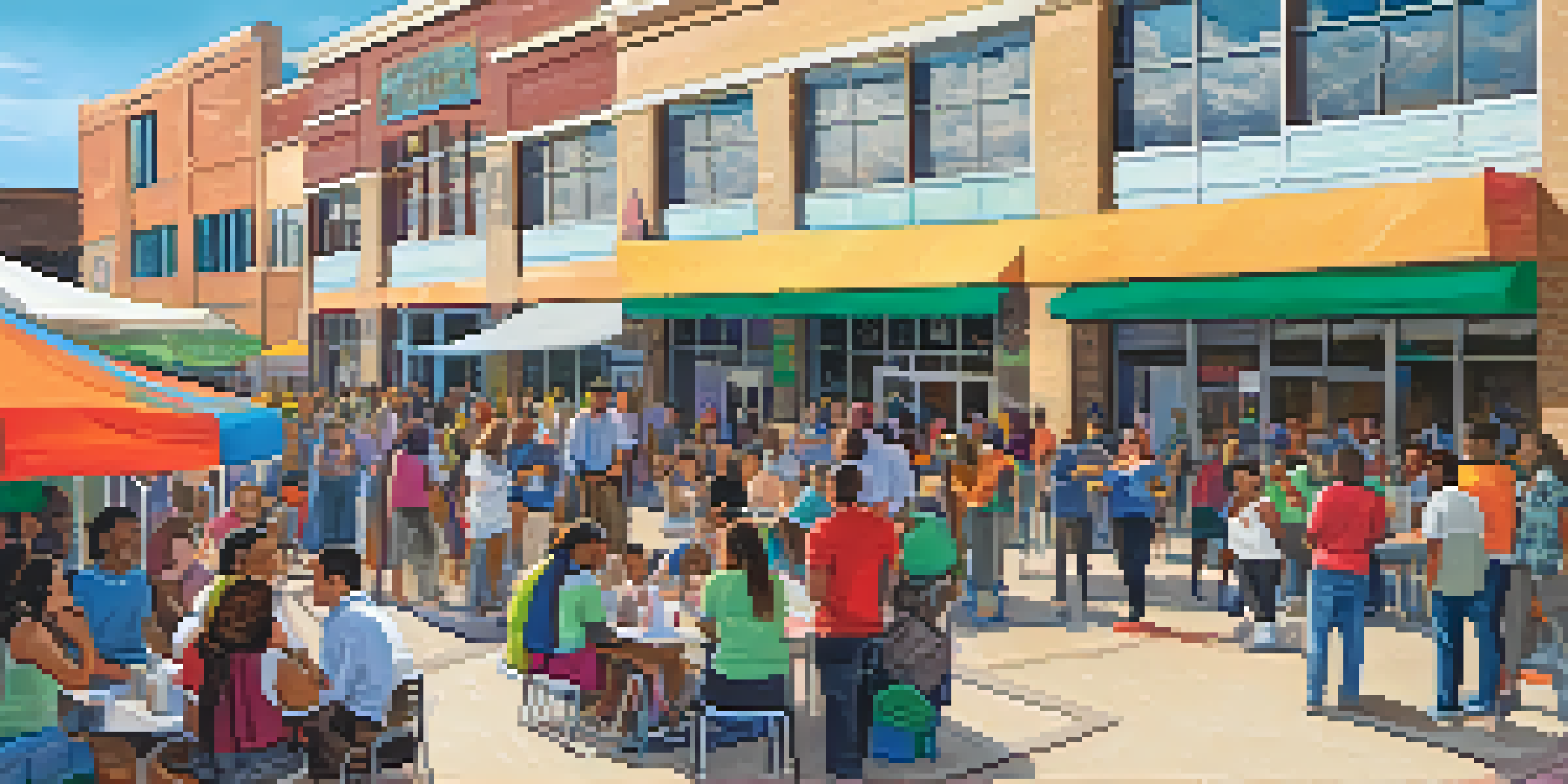 A lively community center in Austin with people interacting at an opioid awareness event, featuring educational booths and bright banners.