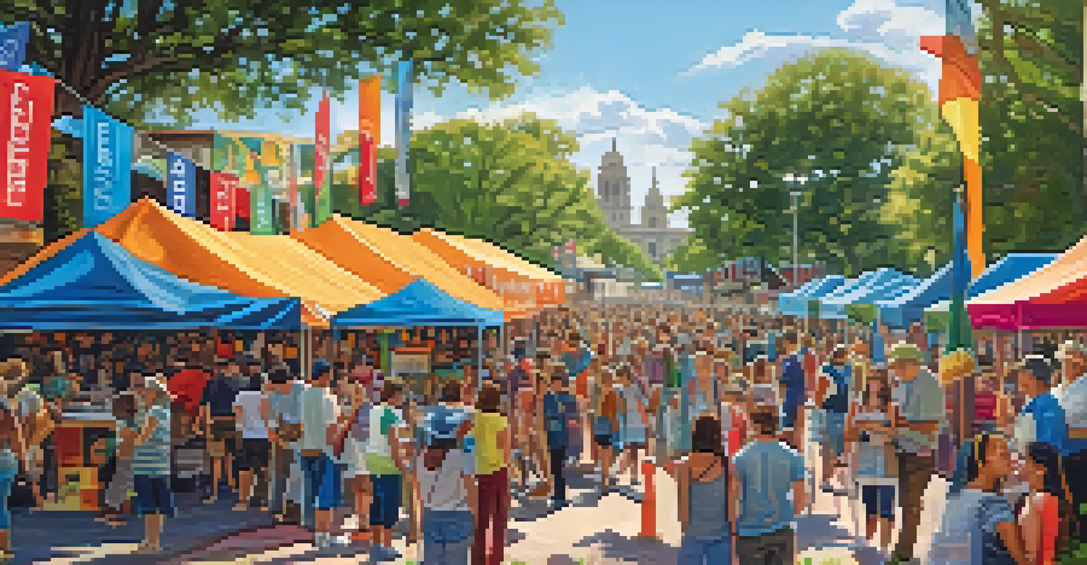 A lively community festival in Austin with families enjoying crafts, music, and food amidst colorful banners and historic buildings.